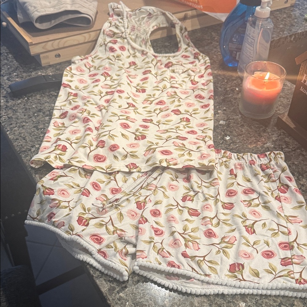 Joan Vass Pink & Cream Floral Tank Top and Shorts Sleep Set